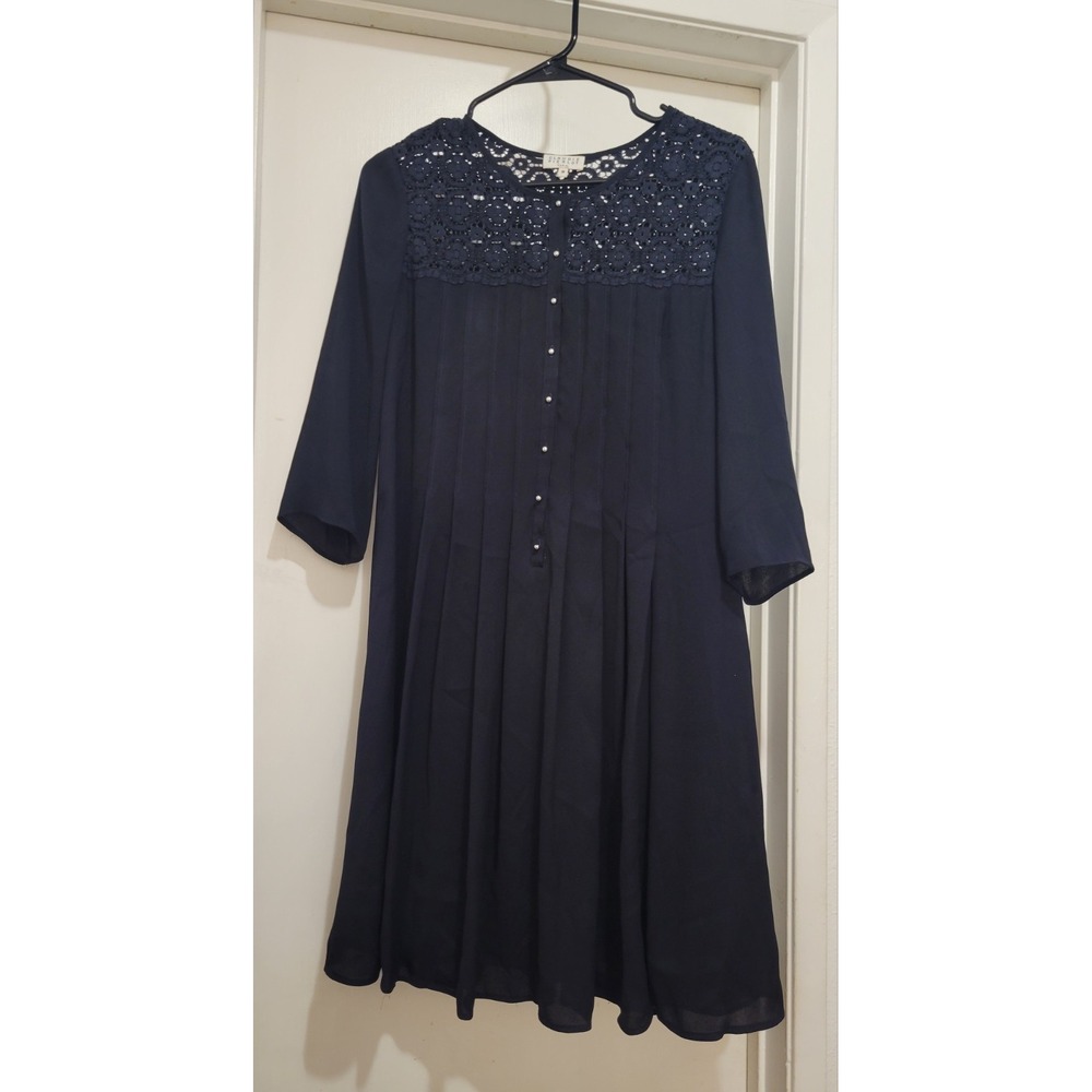 Claudie Pierlot Women Pleated Black Crochet Lace Scoop Neck Loose Mini Dress XS